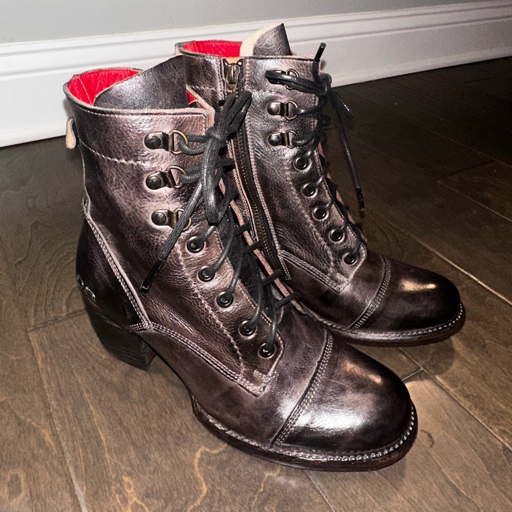 BED|STU Brown Lace-Up Leather Ankle Boots with Red Lining - Picture 3 of 16